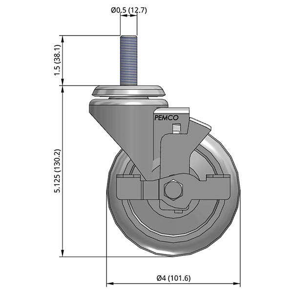 Side view drawing of caster with dimensions